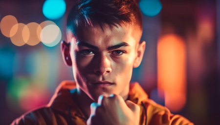 Young adult Caucasian man looking confidently at camera in nightlife generated by artificial intelligenceの素材