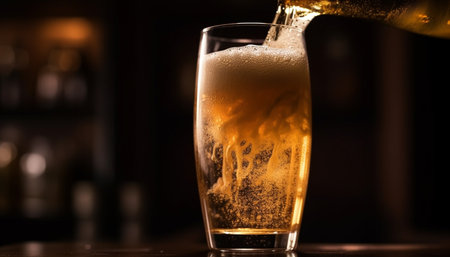 A frothy drink pouring into a beer glass at a pub generated by artificial intelligenceの素材