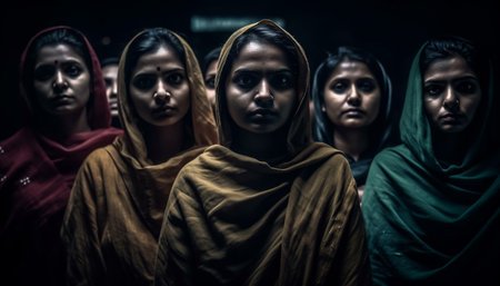 A group of adults, men and women, looking serious and praying generated by artificial intelligenceの素材