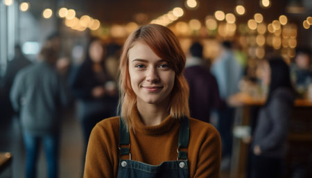 A group of smiling adults standing indoors, looking at camera generated by artificial intelligenceの素材