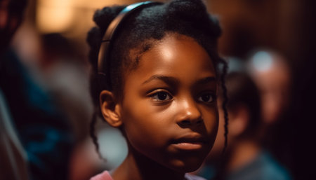 African child smiling, cute and cheerful, looking at camera indoors generated by artificial intelligenceの素材