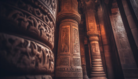 Ancient architecture and spirituality illuminated in old ruins' decoration generated by artificial intelligenceの素材