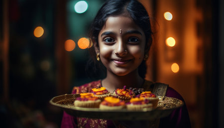 Smiling females holding chocolate cupcakes, enjoying indoor birthday celebration generated by artificial intelligenceの素材