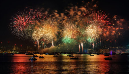 Vibrant fireworks illuminate city skyline in Fourth of July celebration generated by artificial intelligenceの素材