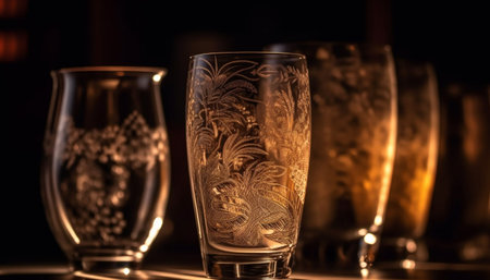 Nightclub celebration with elegant whiskey and wineglass decoration generated by artificial intelligenceの素材