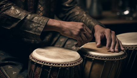 One man playing djembe, hitting percussion instrument with creativity generated by artificial intelligenceの素材