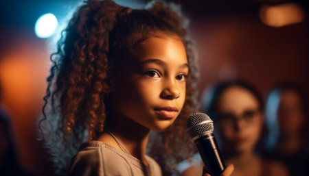 Smiling child musician singing on stage with audience looking on generated by artificial intelligenceの素材