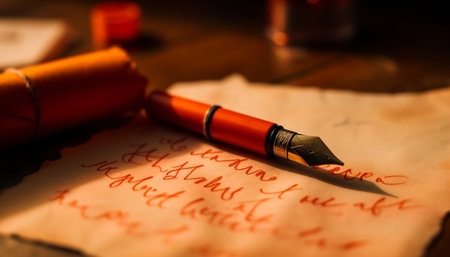 Antique handwriting on old parchment, fountain pen and ink generated by artificial intelligenceの素材