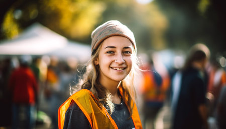 Casual young women walking in autumn city, enjoying friendship and nature generated by artificial intelligenceの素材