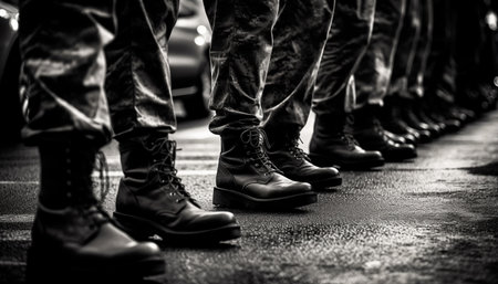 Army veterans march in unison, showcasing their patriotism and togetherness generated by artificial intelligenceの素材