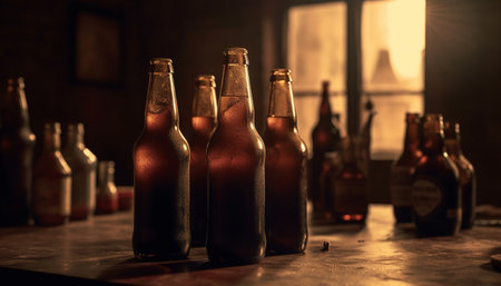 Dark beer bottle on wooden table in brewery, full of liquid generated by artificial intelligenceの素材