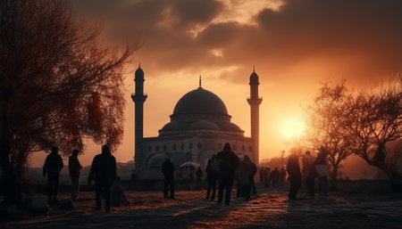 Silhouette of men praying at famous Blue Mosque at dusk generated by artificial intelligenceの素材