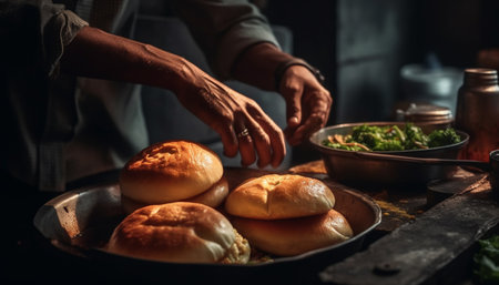 Freshly baked homemade bread, prepared with organic flour and love generated by artificial intelligenceの素材