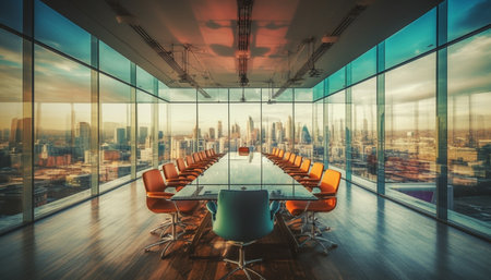 Modern office skyscraper with cityscape view from empty board room generated by artificial intelligenceの素材