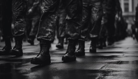 Army platoon marching in black and white uniform through city street generated by artificial intelligenceの素材
