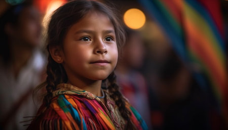 Cute girl smiling, cheerful and happy, enjoying childhood indoors generated by artificial intelligenceの素材