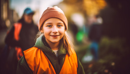 Smiling children enjoy playful outdoor activities in autumn forest generated by artificial intelligenceの素材
