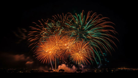 Vibrant colors ignite the night sky in explosive celebration event generated by artificial intelligenceの素材