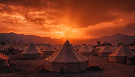Camping in the tranquil mountain meadow, enjoying the sunset heat generated by artificial intelligenceの素材