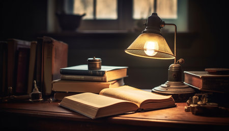 Antique bookshelf holds old fashioned literature collection, a still life masterpiece generated by artificial intelligenceの素材