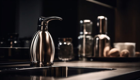Modern kitchen elegance stainless steel sink, faucet, and chrome appliances generated by artificial intelligenceの素材