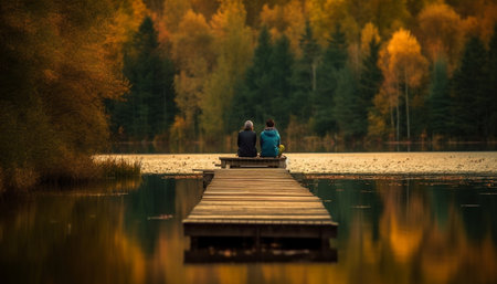 A tranquil scene of a heterosexual couple sitting on a jetty, enjoying nature generated by artificial intelligenceの素材
