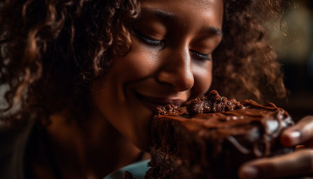 One young woman smiling, indulging in sweet chocolate dessert indoors generated by artificial intelligenceの素材