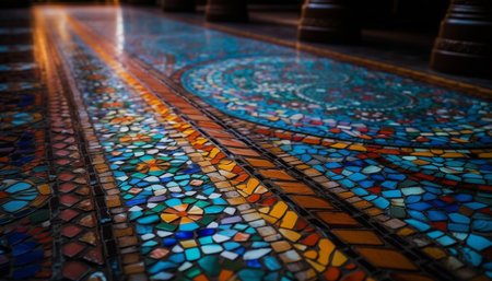 Multi colored mosaic tile flooring in ancient ornate built structure generated by artificial intelligenceの素材