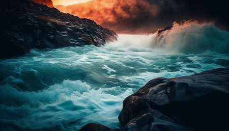 Beauty in nature Mountain range, sunset, wave, flowing water, adventure generated by artificial intelligenceの素材