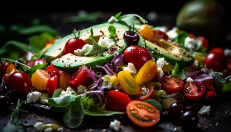 Fresh gourmet salad with grilled meat and multi colored vegetables indoors generated by artificial intelligenceの素材