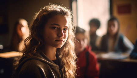 Multi ethnic group of smiling students studying in school classroom generated by artificial intelligenceの素材
