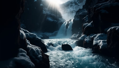 Majestic mountain range, tranquil scene, flowing water, natural beauty generated by artificial intelligenceの素材