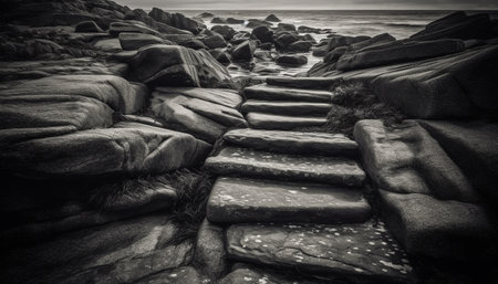 Smooth stone stack on pebble beach, tranquil seascape at dusk generated by artificial intelligenceの素材