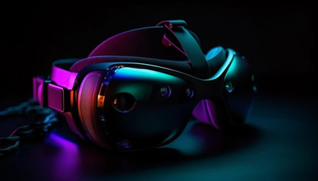 Futuristic cyborg wearing protective eyewear watches virtual reality simulator generated by artificial intelligenceの素材