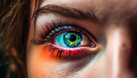 Beautiful young woman with vibrant green eyes staring at camera generated by artificial intelligenceの素材