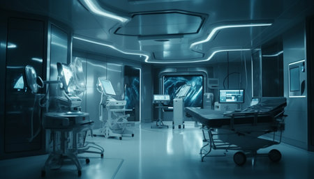 Futuristic hospital ward with clean metal architecture and illuminated equipment generated by artificial intelligenceの素材