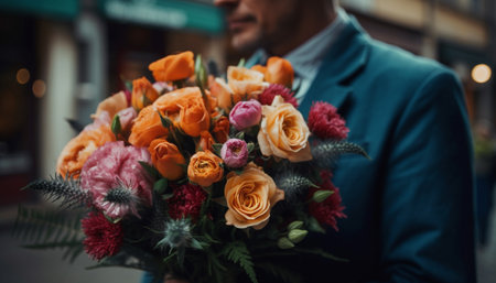 One man holding a bouquet of multi colored flowers outdoors generated by artificial intelligenceの素材
