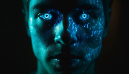 Abstract beauty a serious man staring into the spooky darkness generated by artificial intelligenceの素材