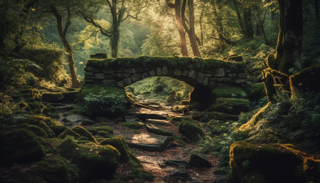 Tranquil forest footpath leads to ancient stone ruin in autumn generated by artificial intelligenceの素材
