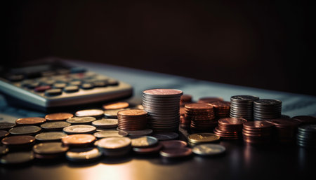 Stacks of coins and bills symbolize financial success and wealth generated by artificial intelligenceの素材