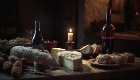 Rustic French culture Wine, bread, and cheese on wooden table generated by artificial intelligenceの素材