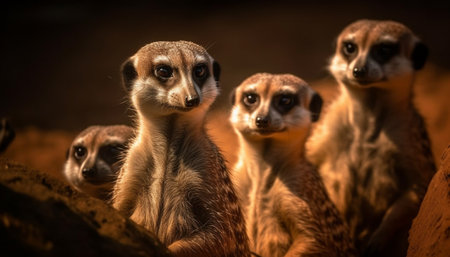Small group of cute meerkats looking alert in nature outdoors generated by artificial intelligenceの素材