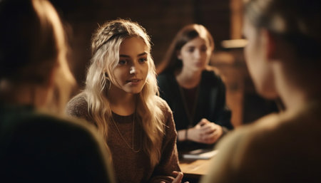 Young adults and teenagers studying together, enjoying friendship and teamwork generated by artificial intelligenceの素材