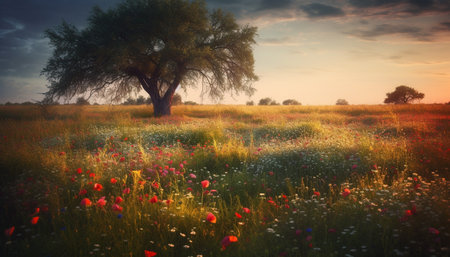 Vibrant wildflower meadow at sunset, a tranquil rural scene generated by artificial intelligenceの素材