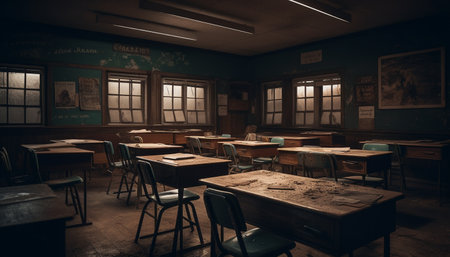 Empty classroom with old fashioned wooden desk and chair seating arrangement generated by artificial intelligenceの素材
