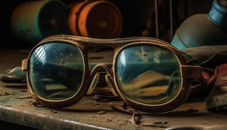 Old fashioned eyeglasses, rusty metal, reflection of nature, abandoned elegance generated by artificial intelligenceの素材