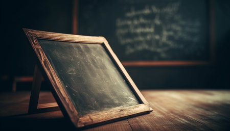 Old fashioned classroom with antique blackboard and empty wooden desk generated by artificial intelligenceの素材