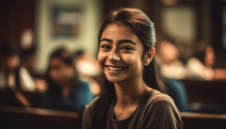 Young women studying in a cheerful classroom with toothy smiles generated by artificial intelligenceの素材