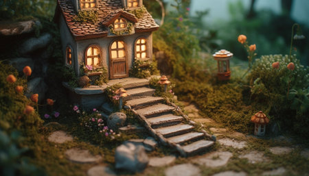 Spooky lantern illuminates old fashioned cottage in autumn forest at dusk generated by artificial intelligenceの素材