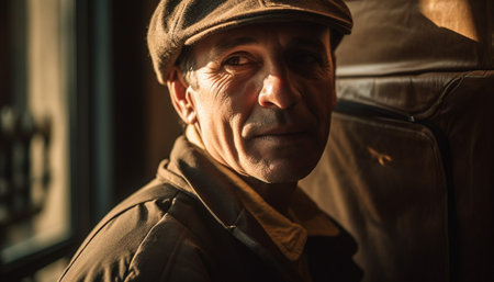 Serious man in casual jacket exudes confidence in city solitude generated by artificial intelligenceの素材